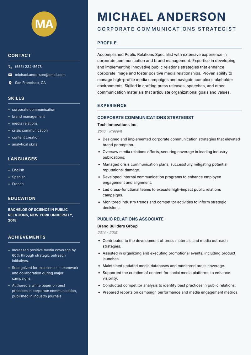 Public Relations Specialist resume template — Classic Clean
