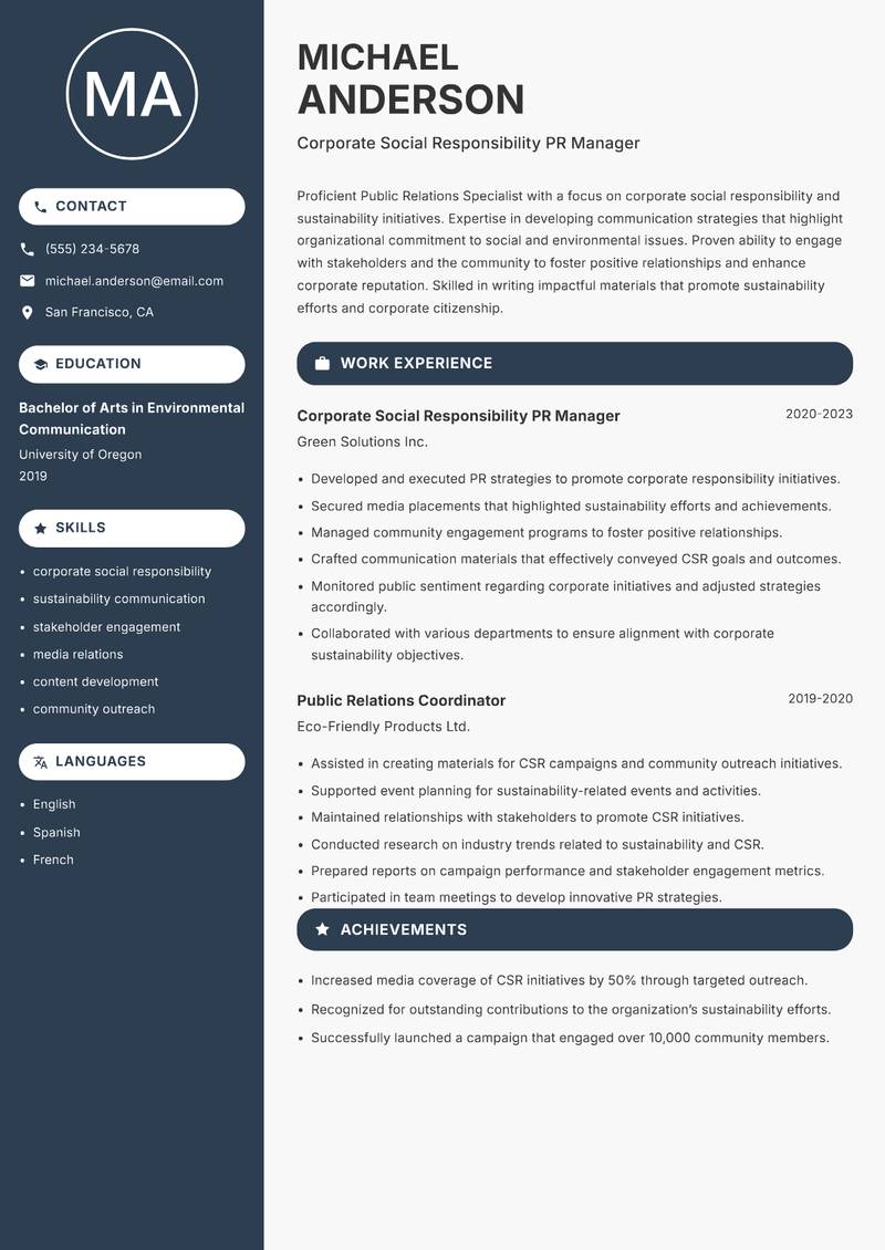 Public Relations Specialist resume template — Compact