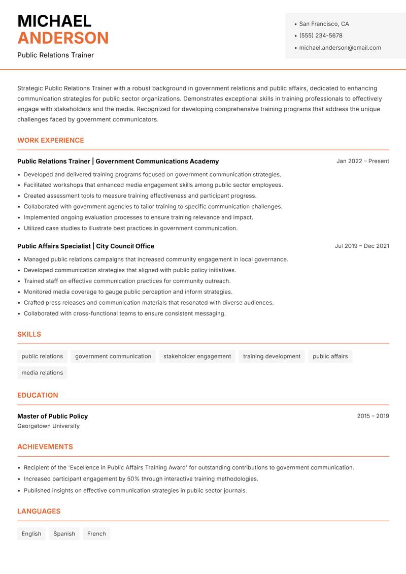 Public Relations Trainer resume template — Modern Professional
