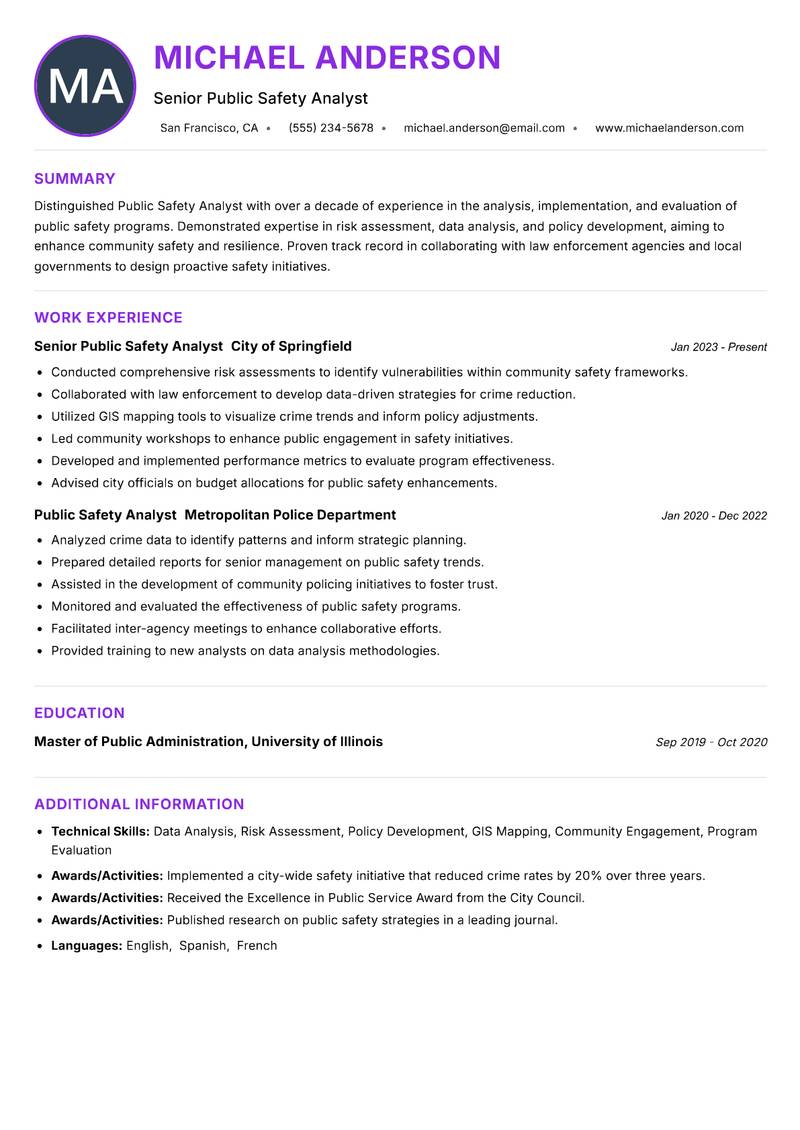 Public Safety Analyst resume example — ATS-friendly template