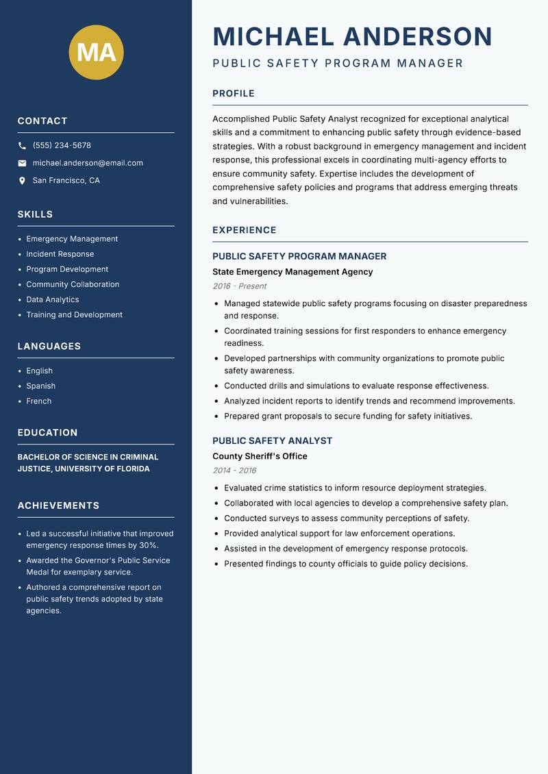 Public Safety Analyst resume template — Classic Clean