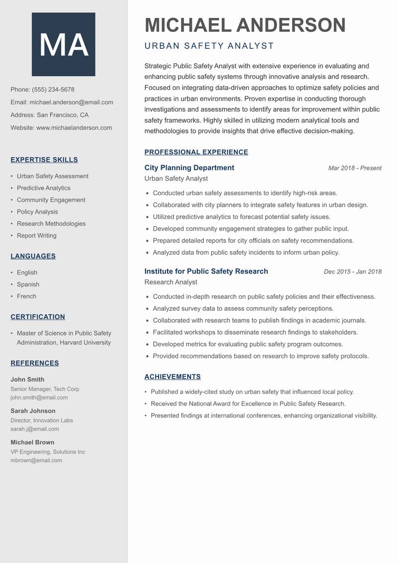 Public Safety Analyst resume template — Creative Minimal