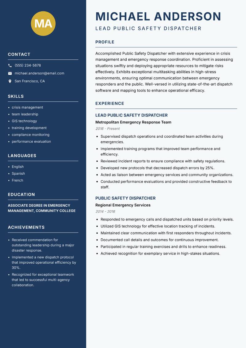 Public Safety Dispatcher resume template — Classic Clean