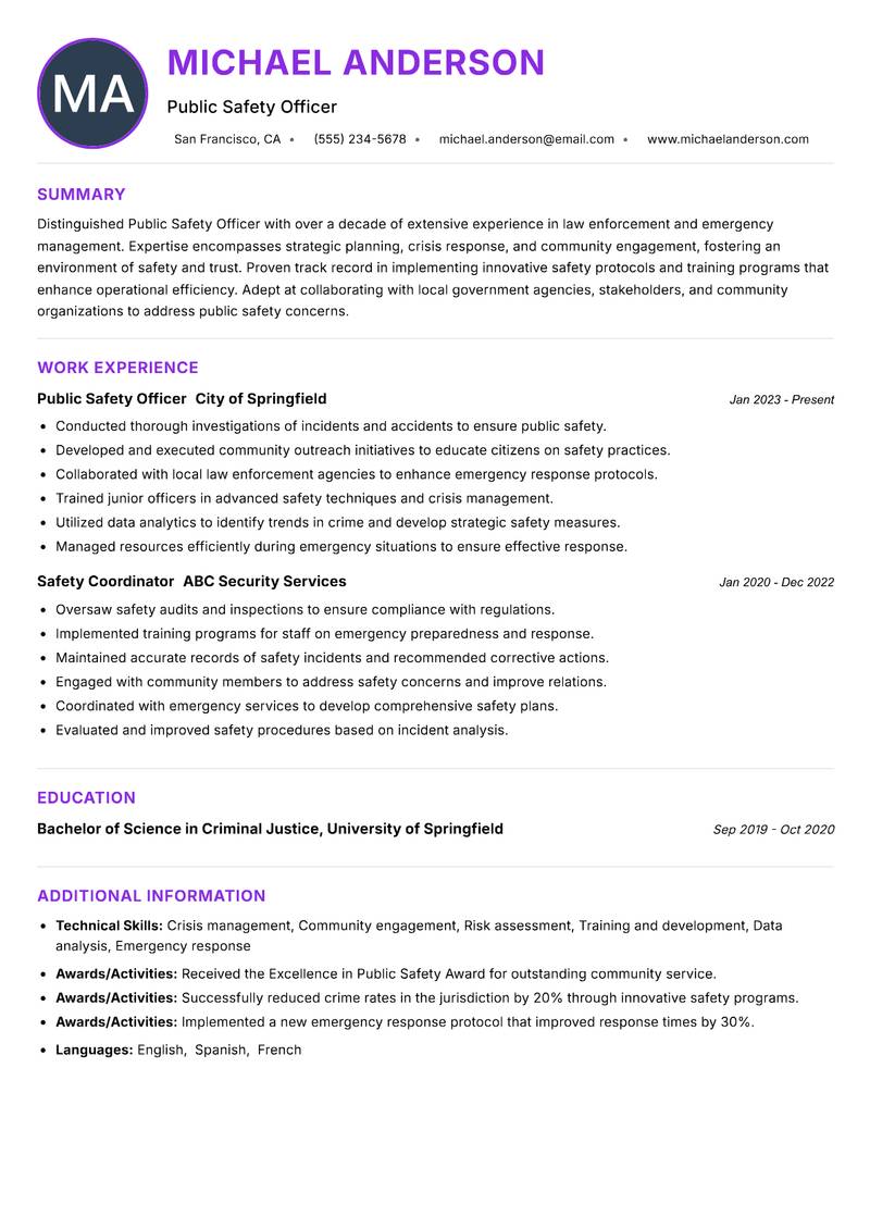 Public Safety Officer resume example — ATS-friendly template