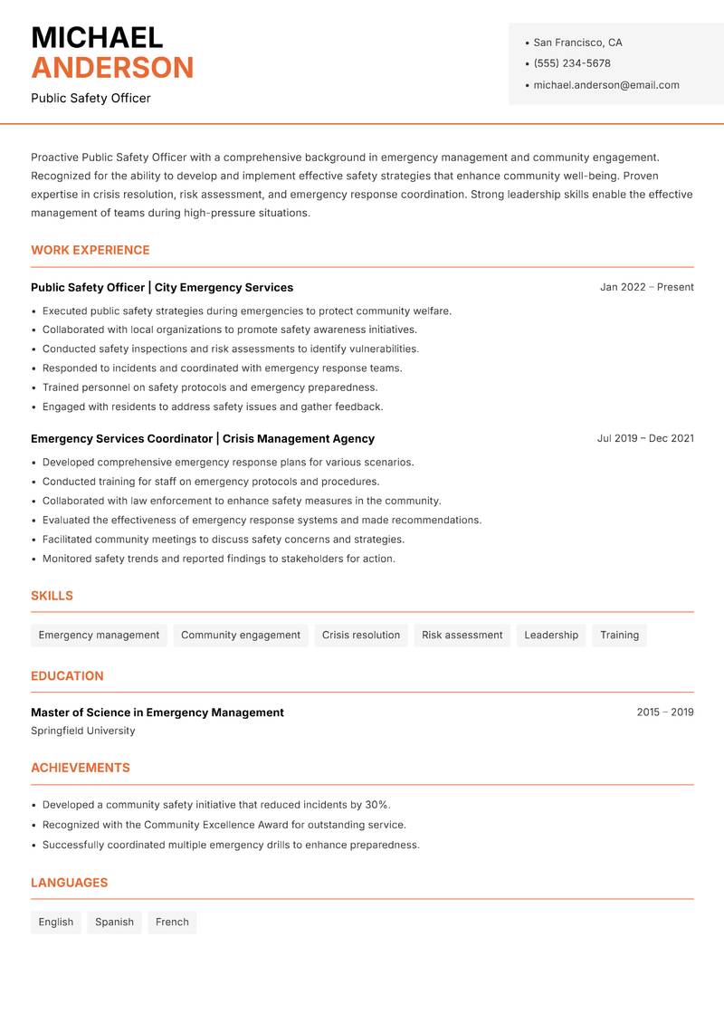 Public Safety Officer resume template — Modern Professional
