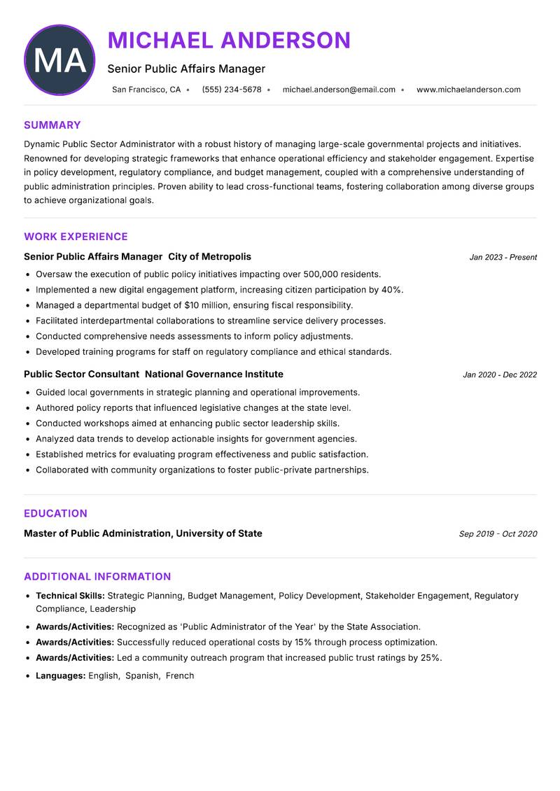 Public Sector Administrator resume example — ATS-friendly template