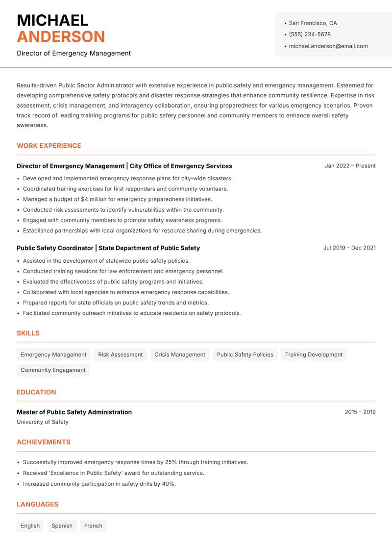 Public Sector Administrator resume template — Modern Professional
