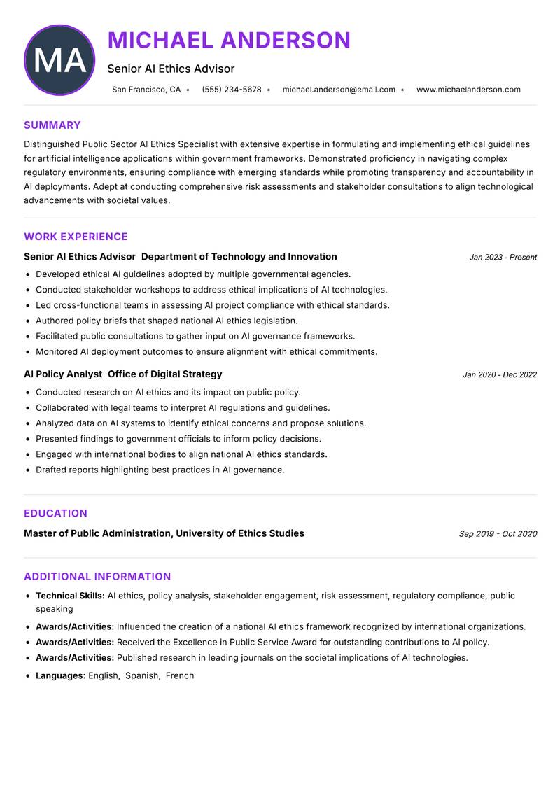 Public Sector AI Ethics Specialist resume example — ATS-friendly template