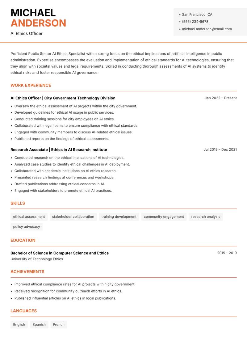 Public Sector AI Ethics Specialist resume template — Modern Professional