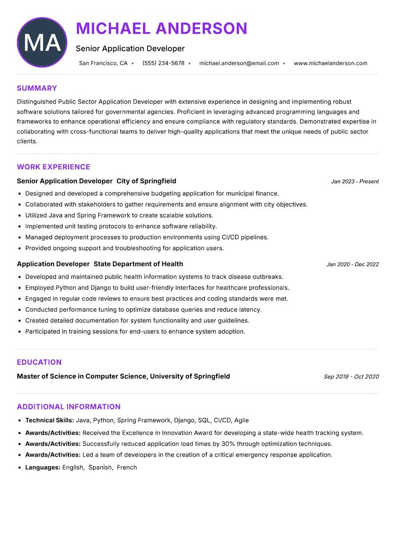 Public Sector Application Developer resume example — ATS-friendly template