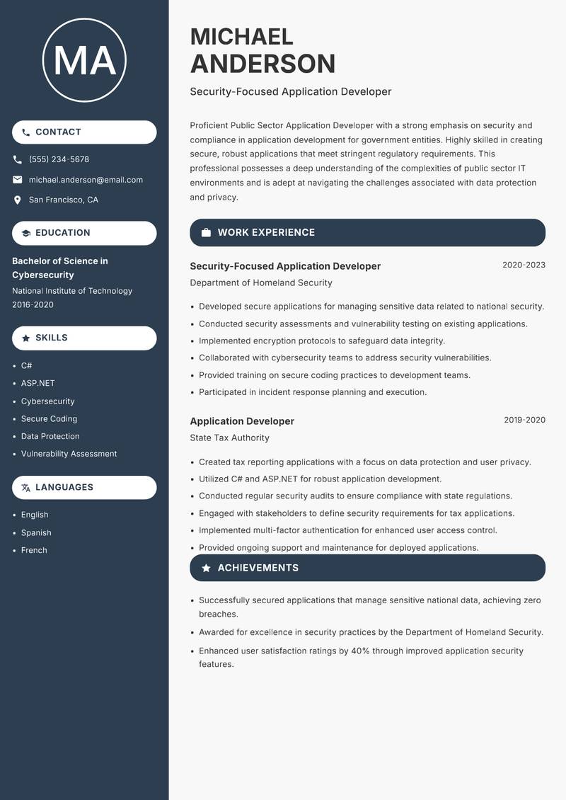Public Sector Application Developer resume template — Compact