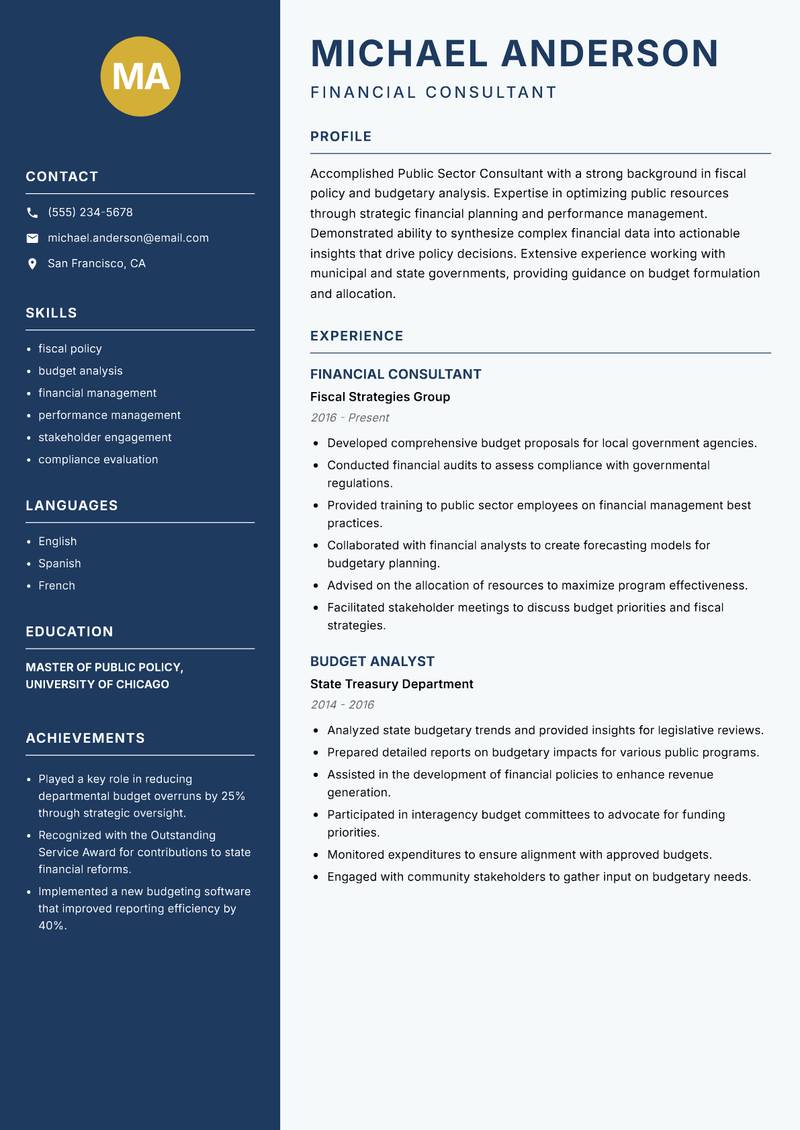 Public Sector Consultant resume template — Classic Clean