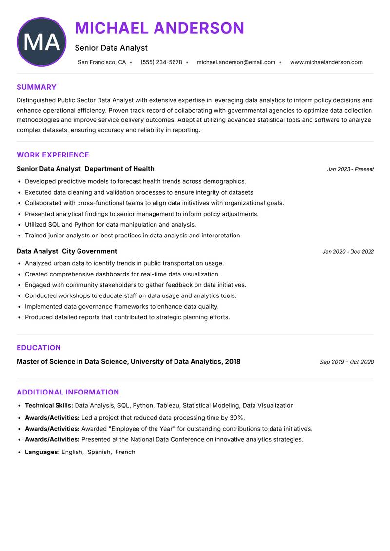 Public Sector Data Analyst resume example — ATS-friendly template