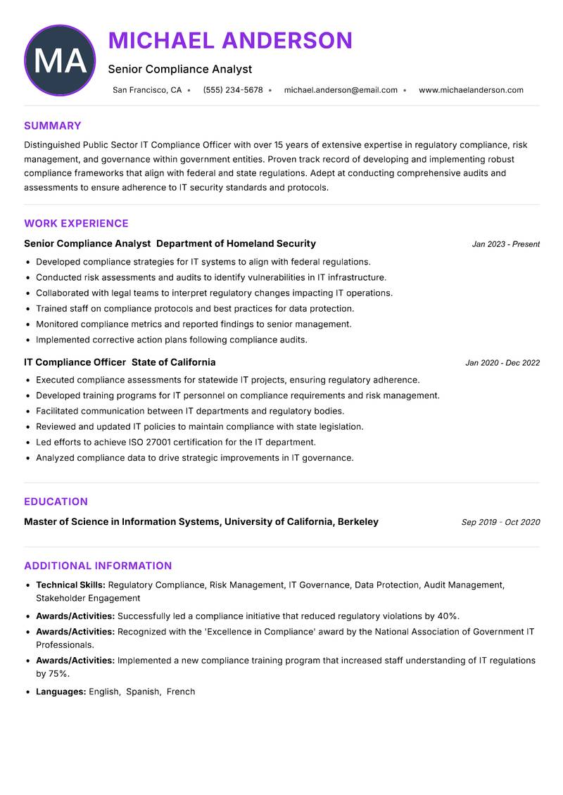 Public Sector IT Compliance Officer resume example — ATS-friendly template