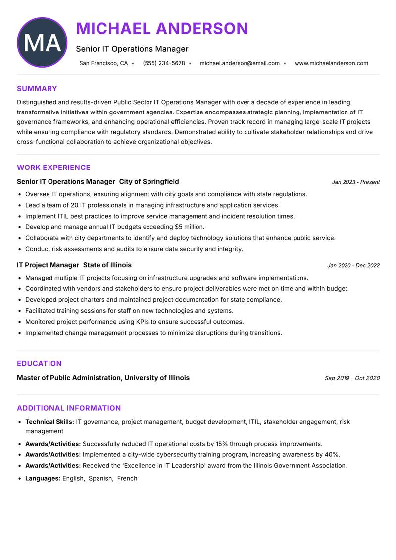 Public Sector IT Operations Manager resume example — ATS-friendly template