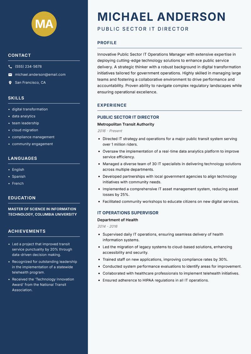 Public Sector IT Operations Manager resume template — Classic Clean