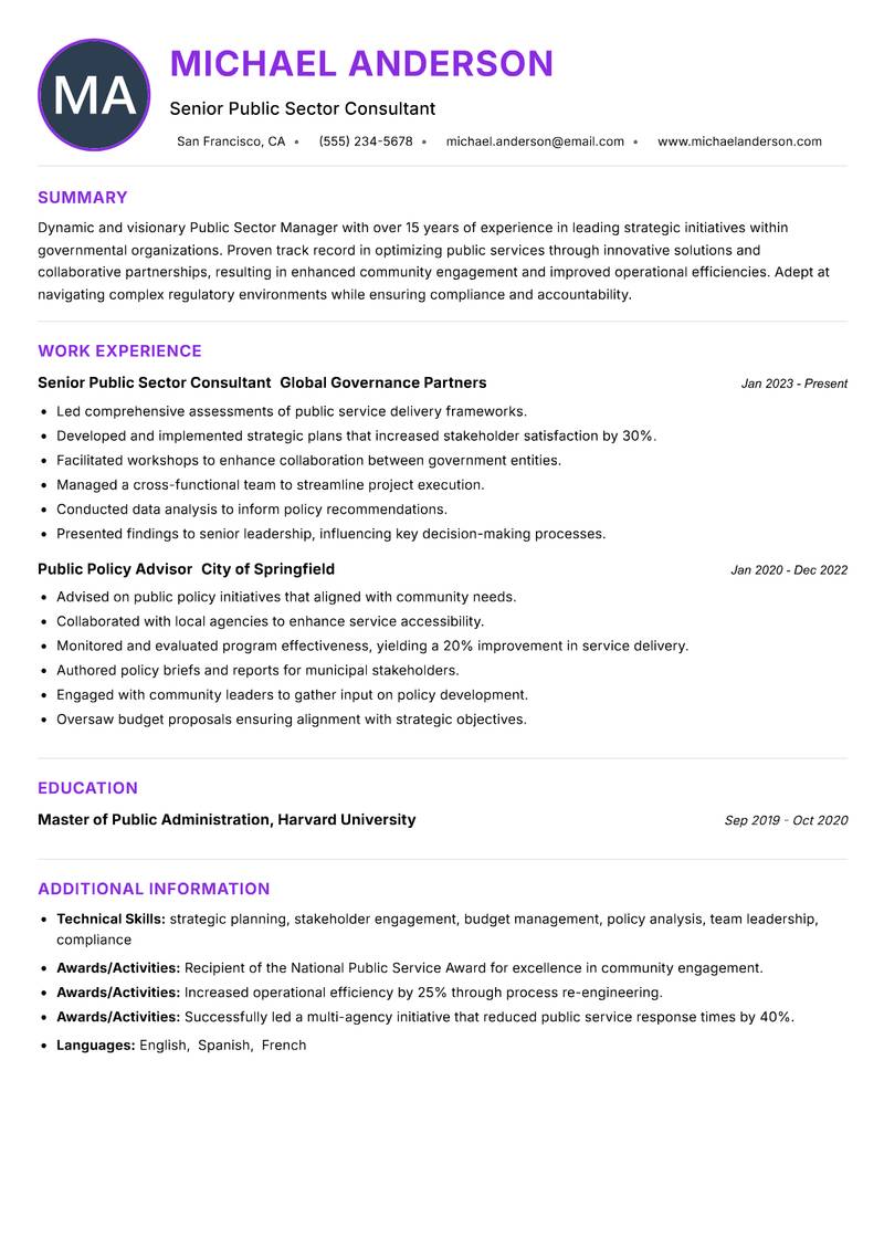 Public Sector Manager resume example — ATS-friendly template