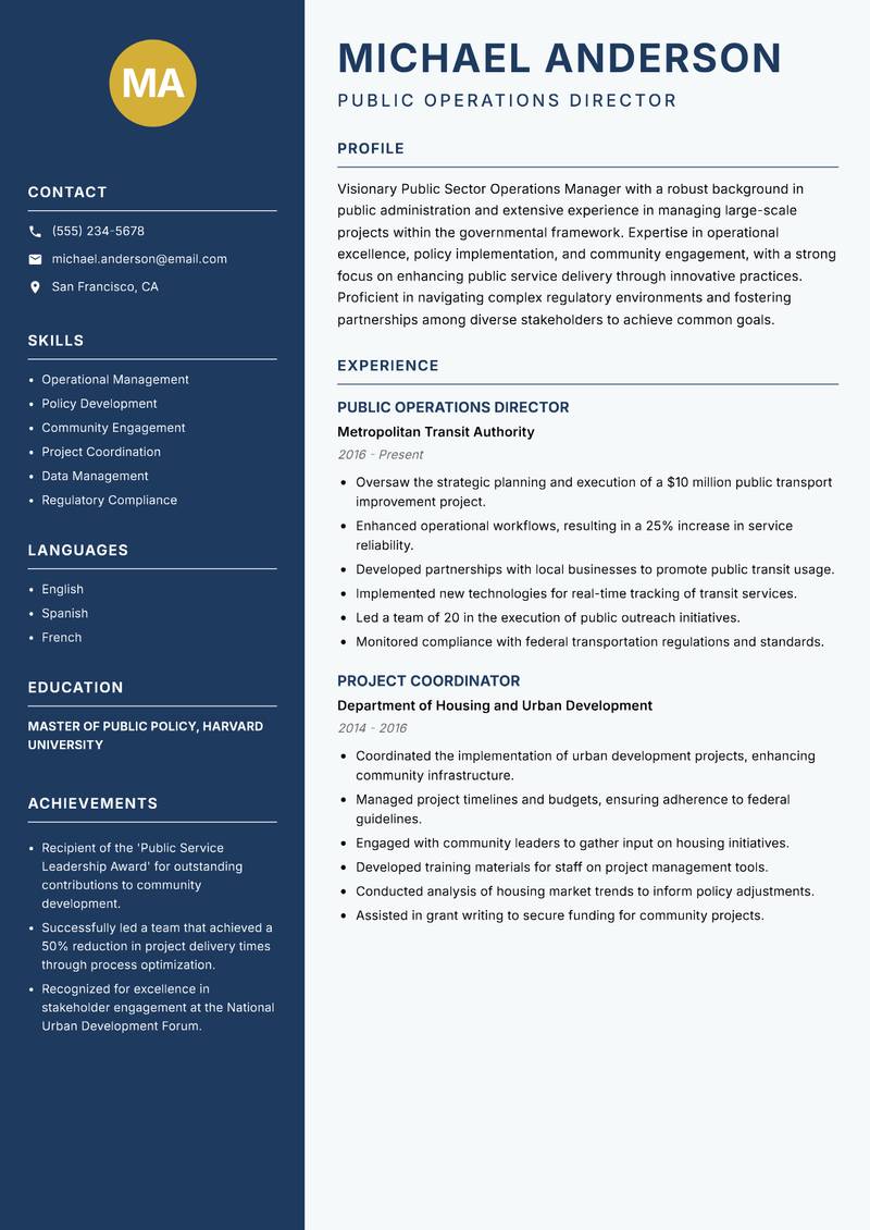 Public Sector Operations Manager resume template — Classic Clean