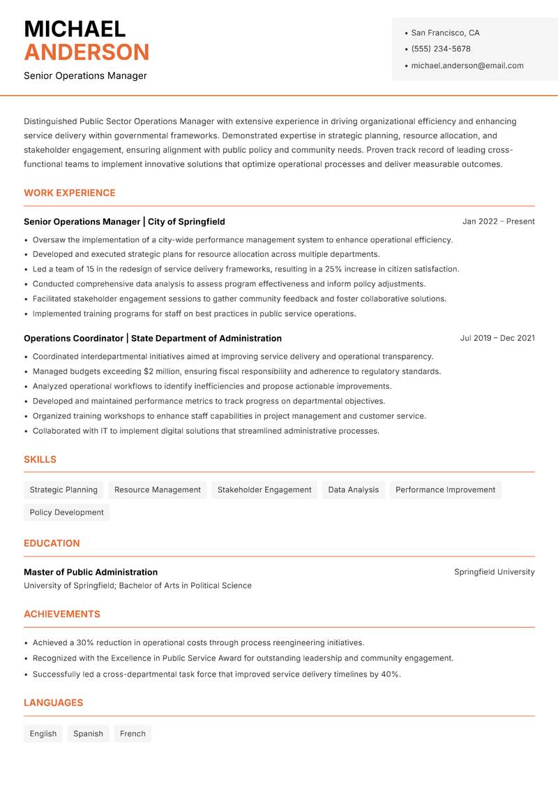 Public Sector Operations Manager resume template — Modern Professional