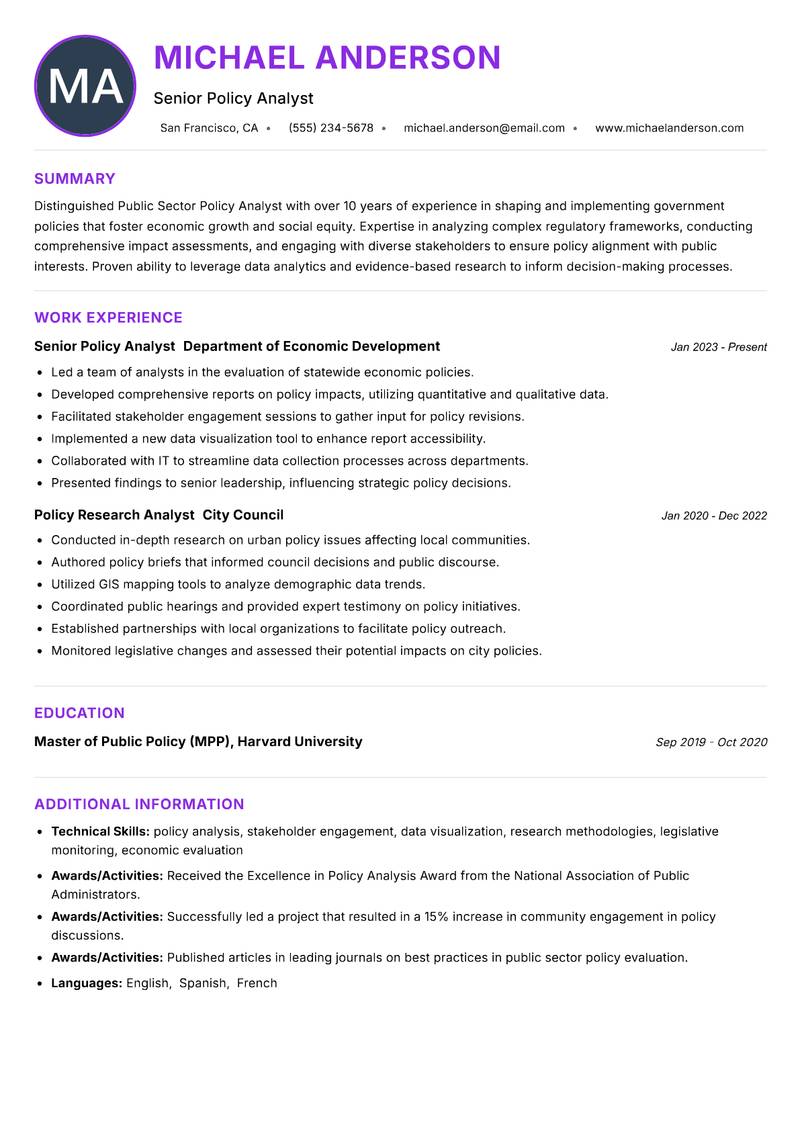 Public Sector Policy Analyst resume example — ATS-friendly template