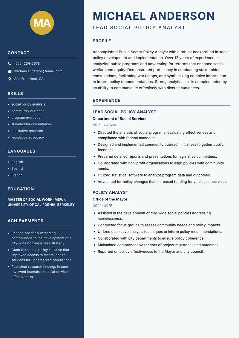 Public Sector Policy Analyst resume template — Classic Clean