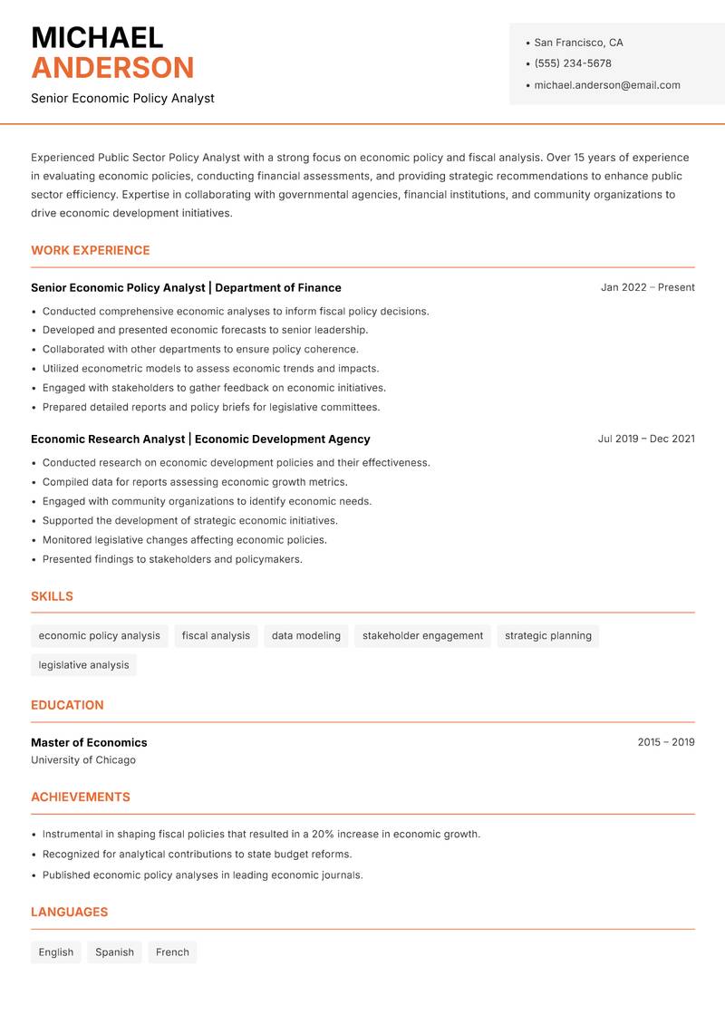 Public Sector Policy Analyst resume template — Modern Professional