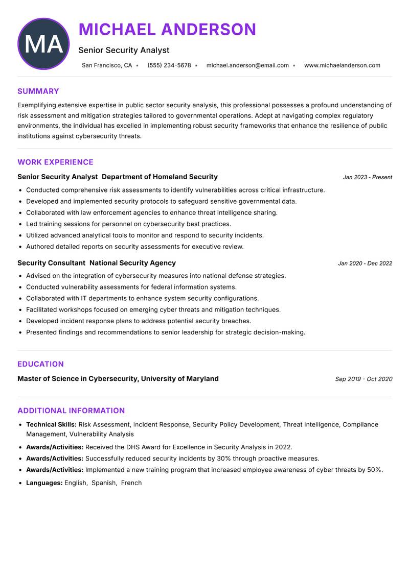 Public Sector Security Analyst resume example — ATS-friendly template