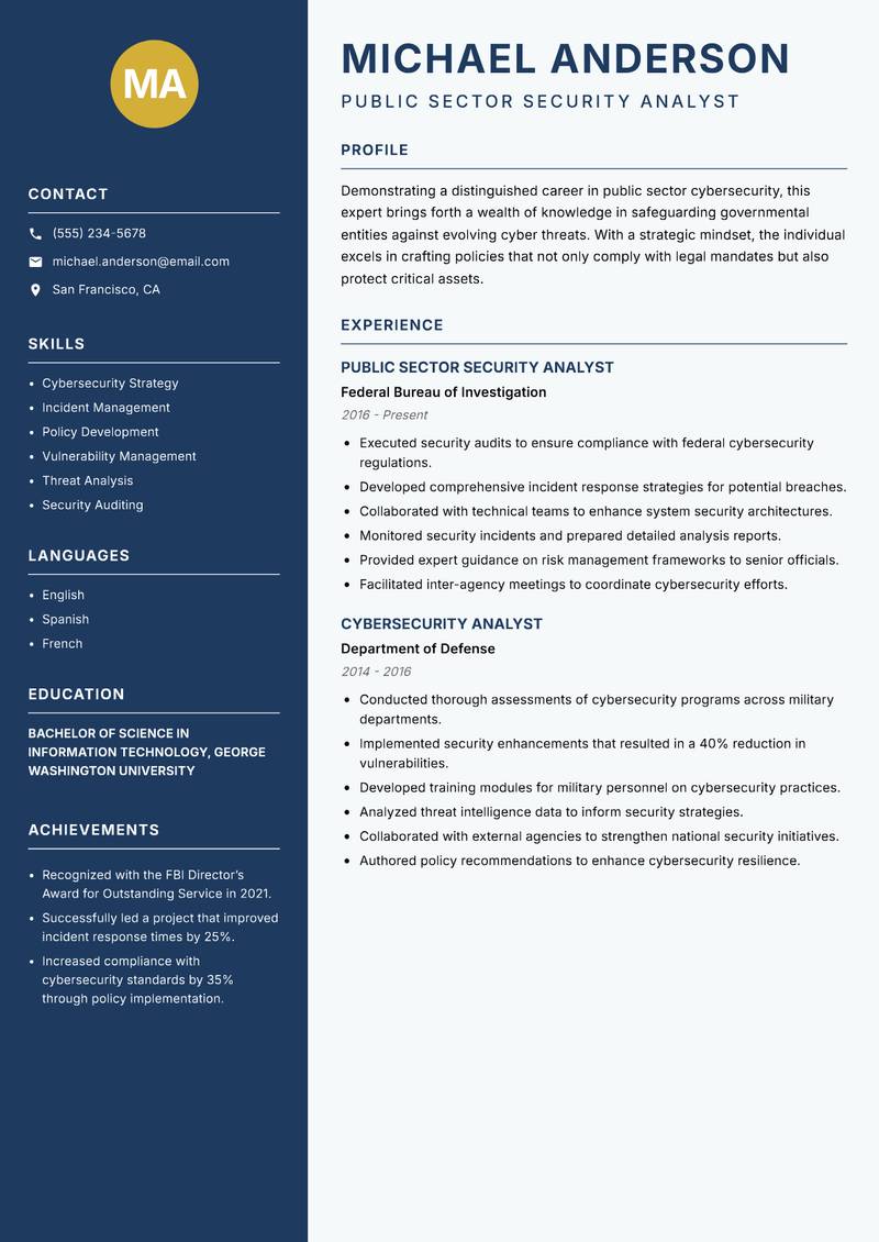 Public Sector Security Analyst resume template — Classic Clean