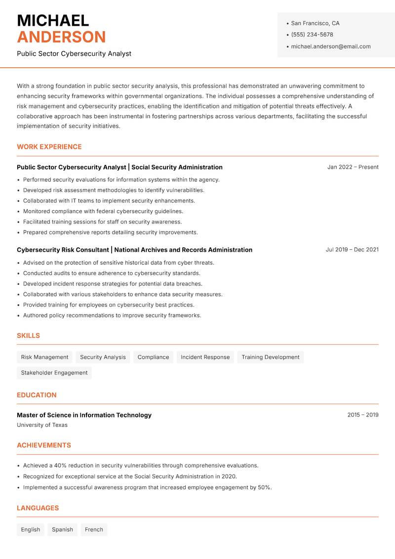 Public Sector Security Analyst resume template — Modern Professional