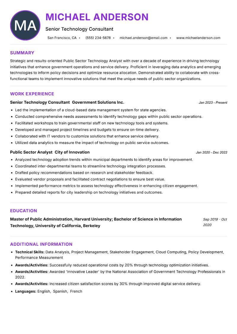 Public Sector Technology Analyst resume example — ATS-friendly template
