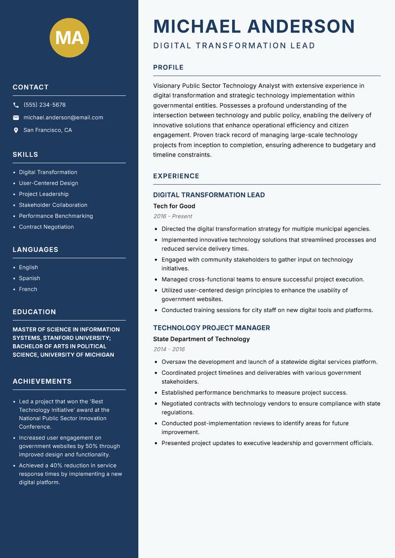 Public Sector Technology Analyst resume template — Classic Clean