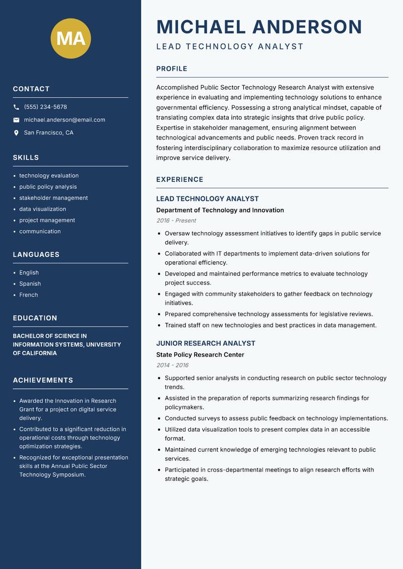 Public Sector Technology Research Analyst resume template — Classic Clean