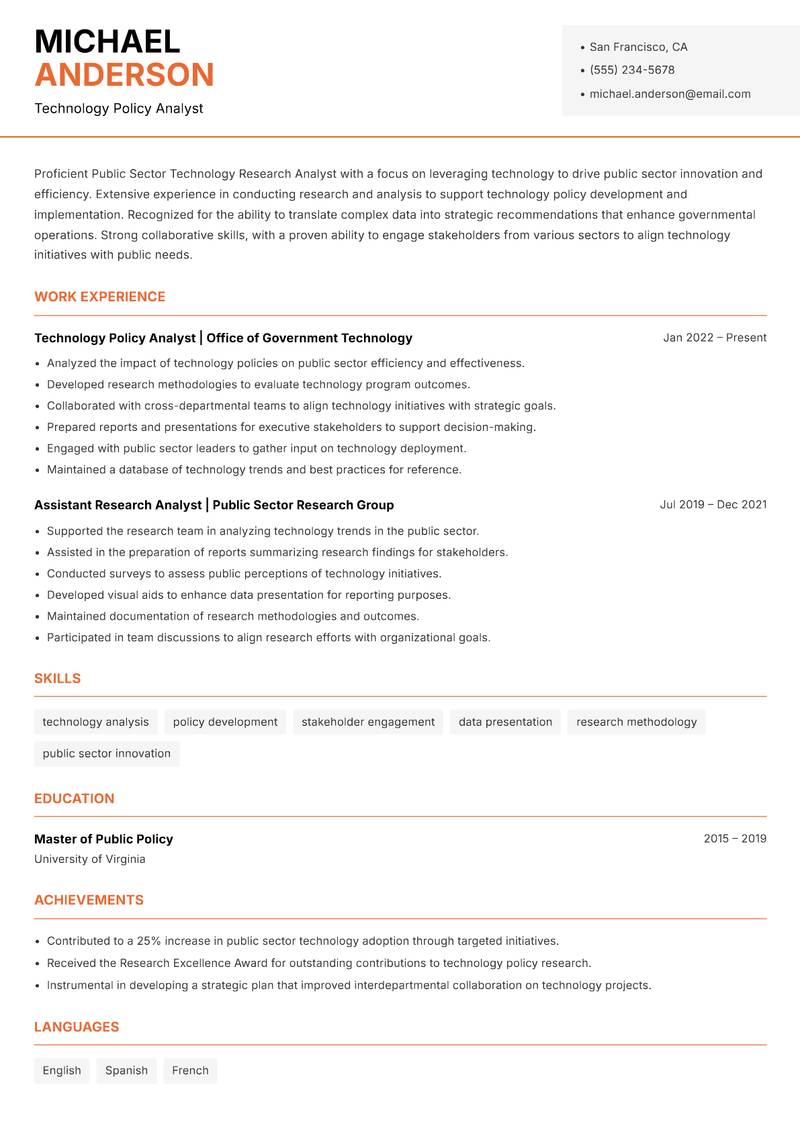 Public Sector Technology Research Analyst resume template — Modern Professional