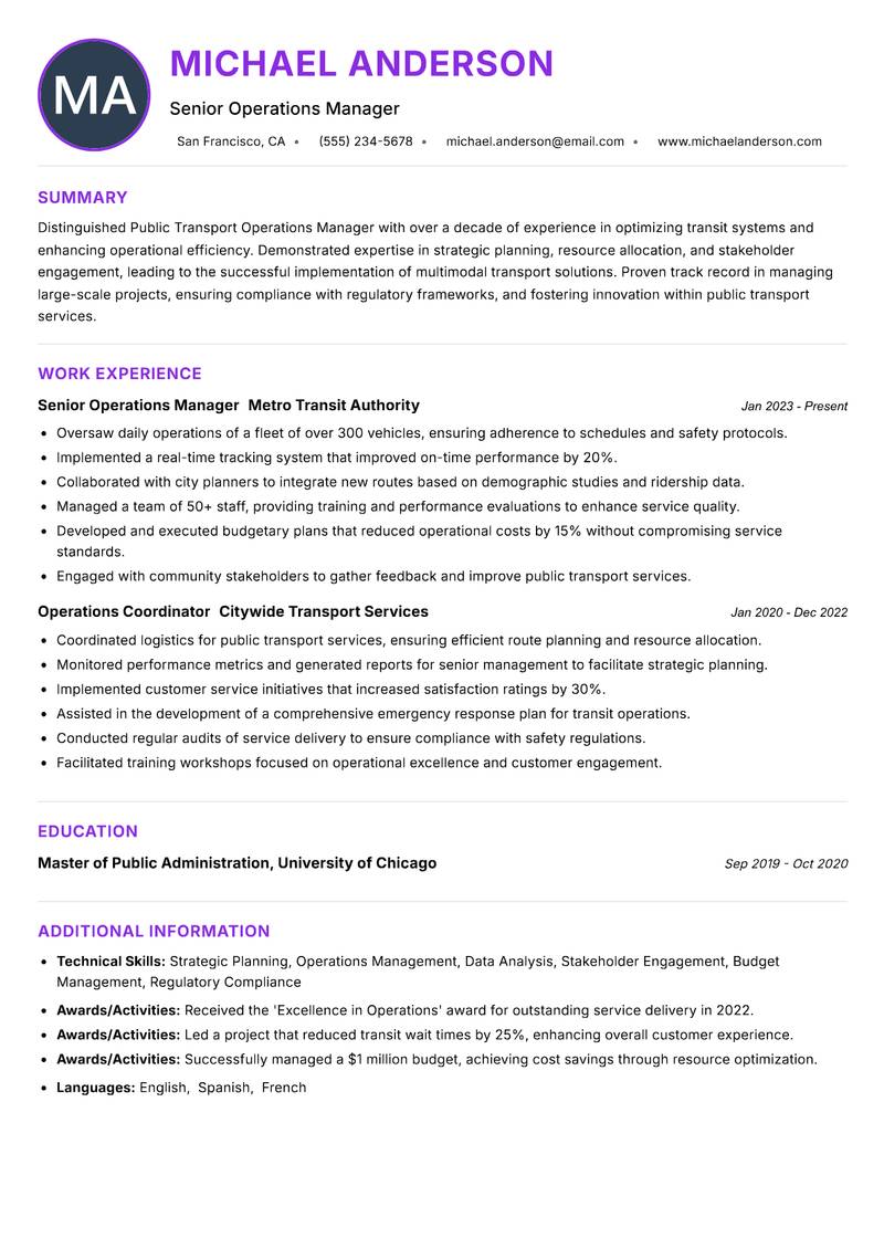 Public Transport Operations Manager resume example — ATS-friendly template