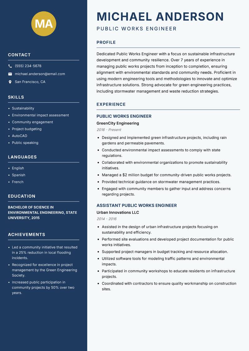 Public Works Engineer resume template — Classic Clean
