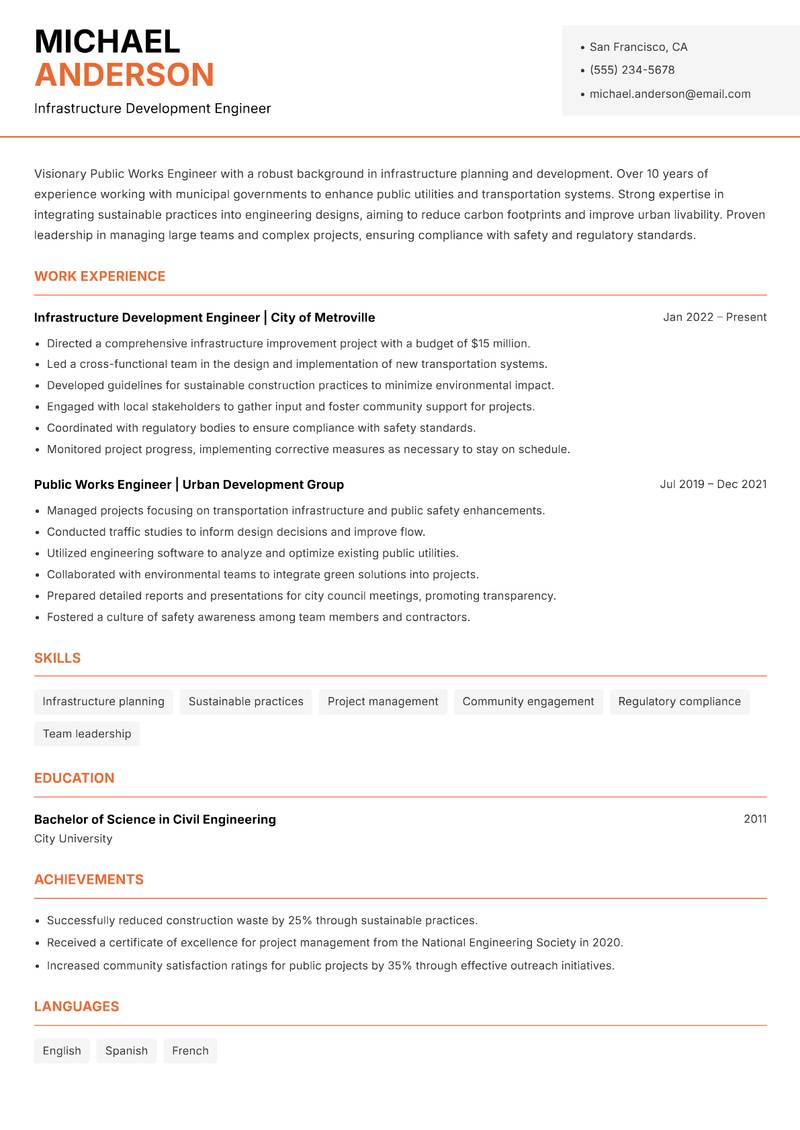 Public Works Engineer resume template — Modern Professional
