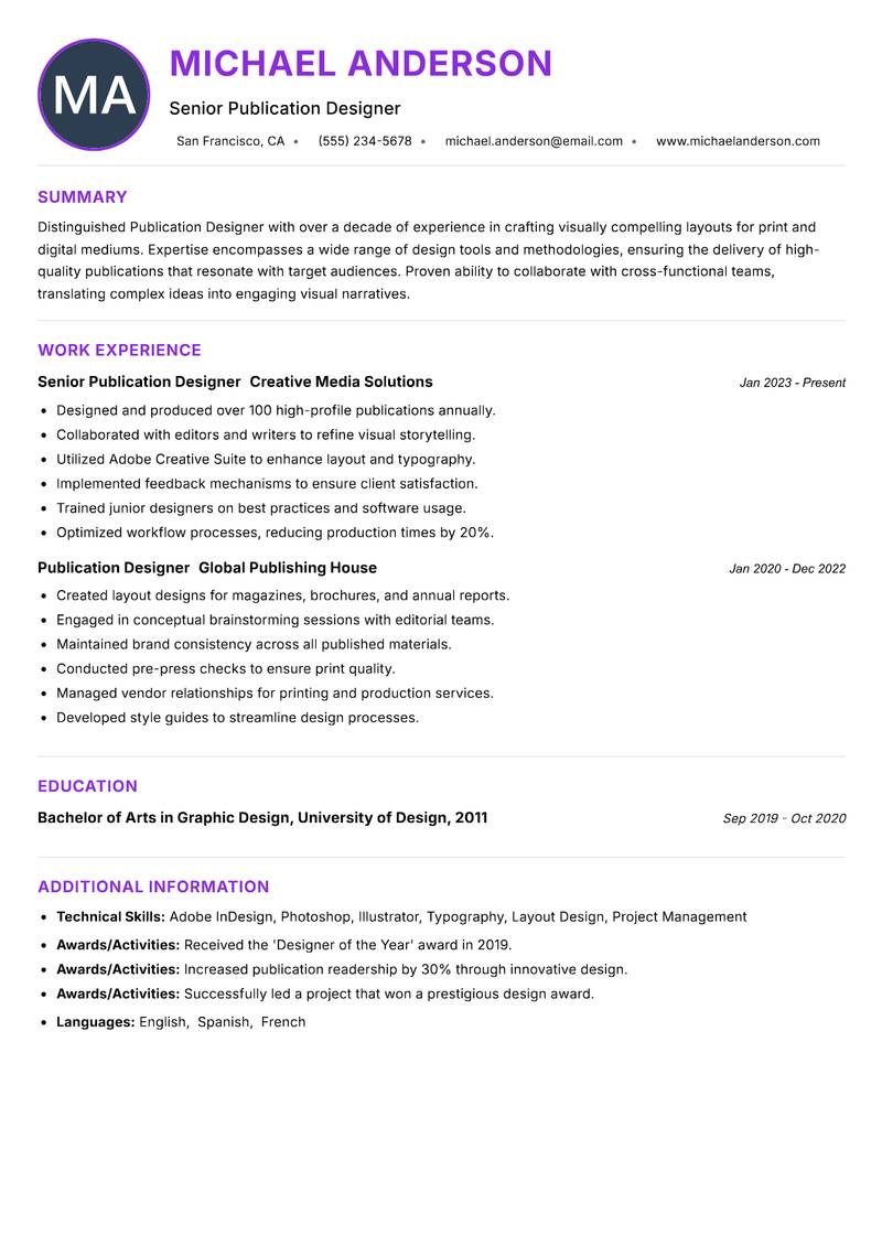 Publication Designer resume example — ATS-friendly template