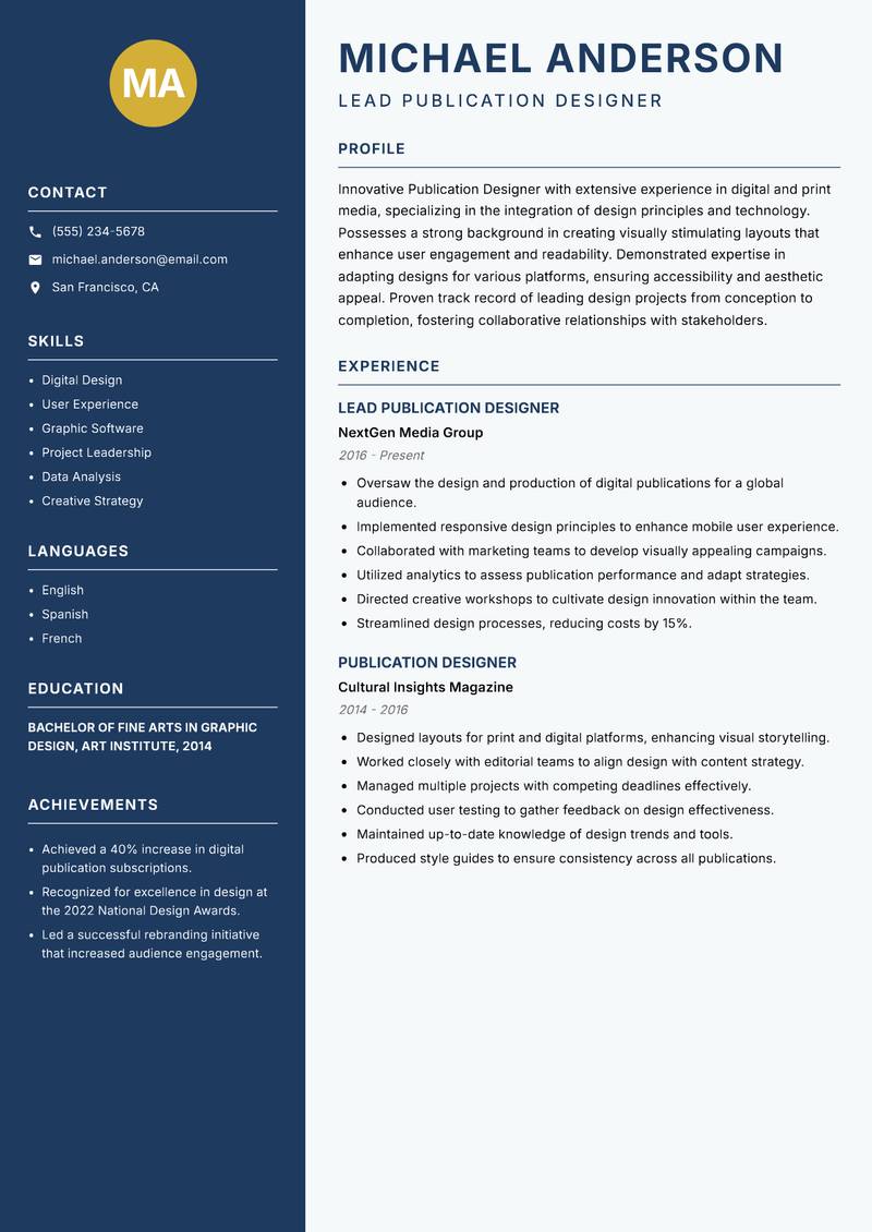 Publication Designer resume template — Classic Clean