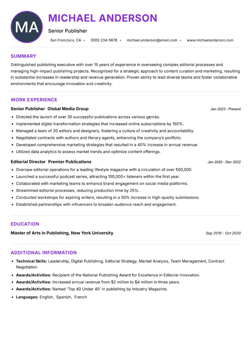 Publisher resume example — ATS-friendly template