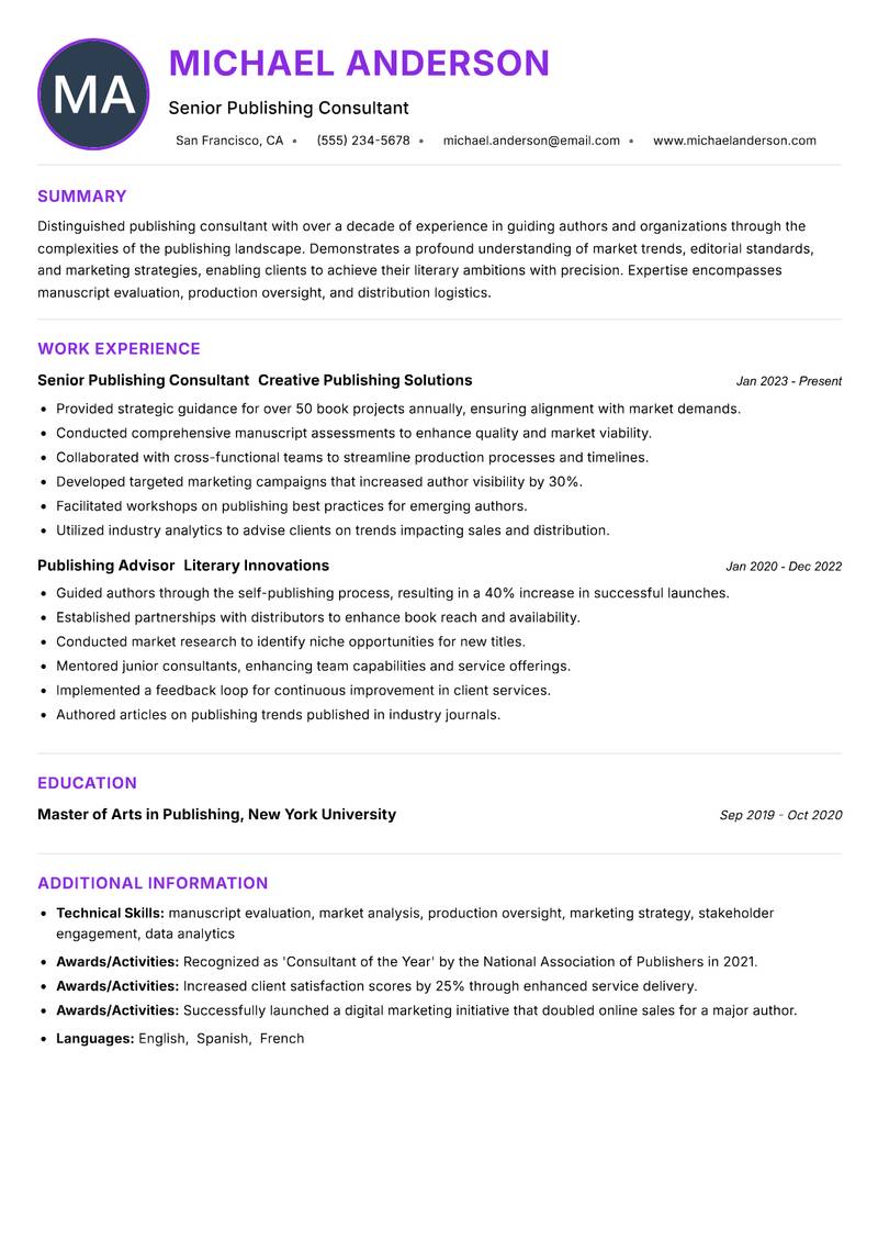 Publishing Consultant resume example — ATS-friendly template