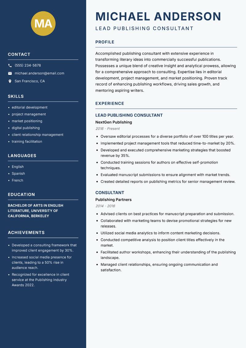 Publishing Consultant resume template — Classic Clean