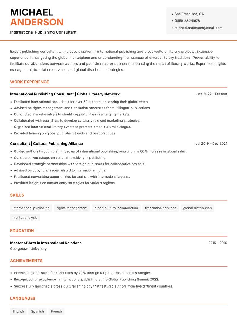 Publishing Consultant resume template — Modern Professional