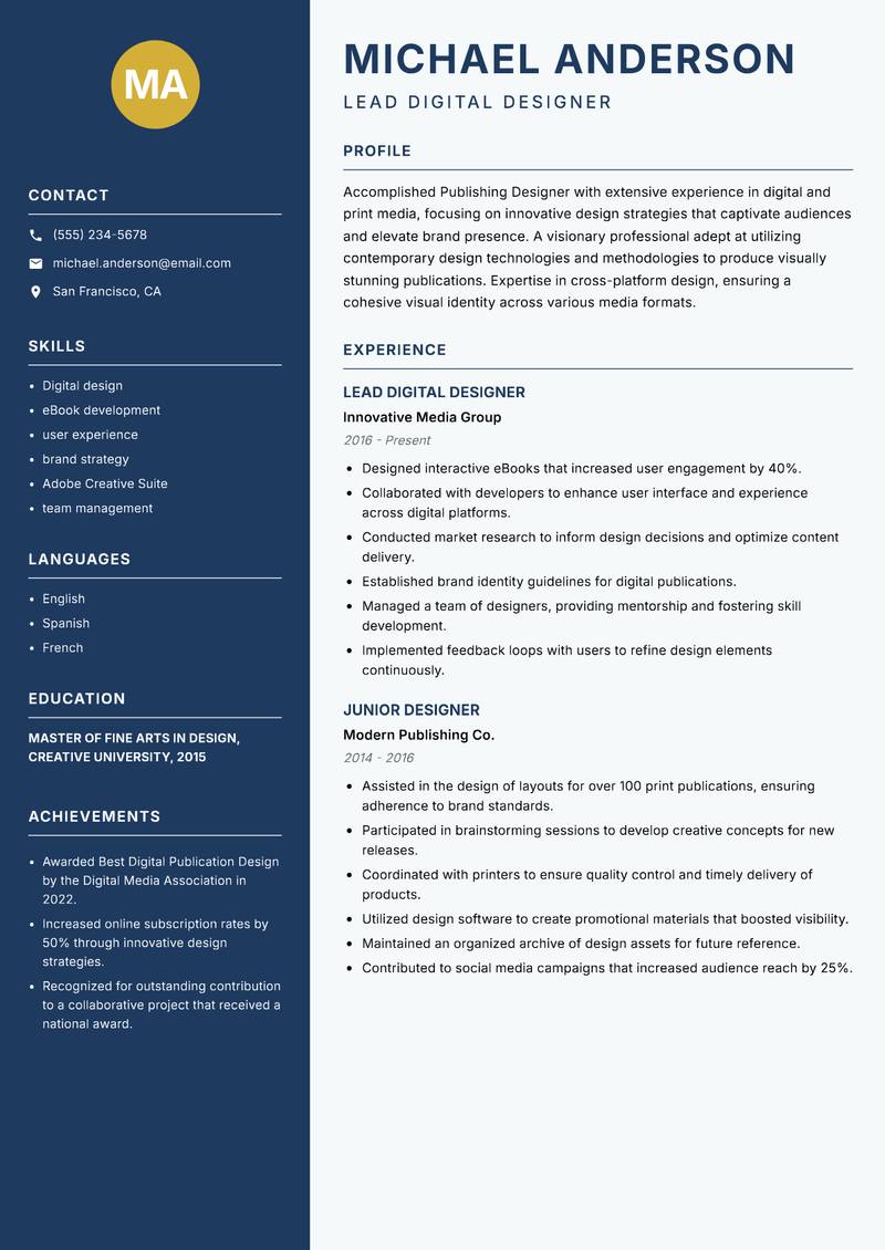 Publishing Designer resume template — Classic Clean