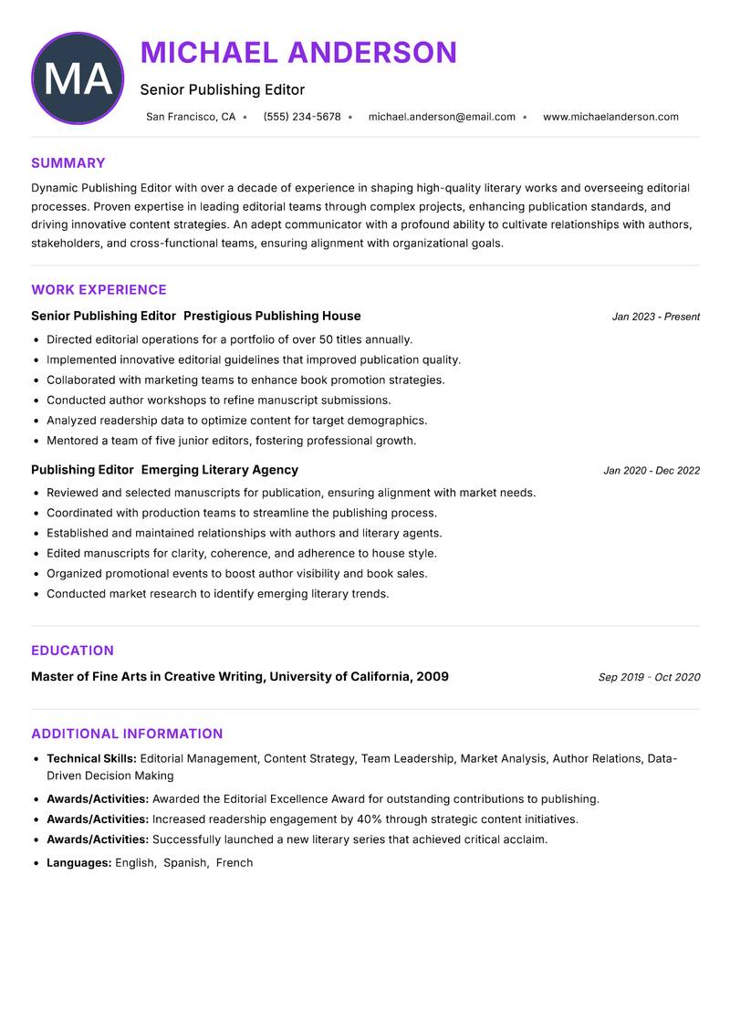 Publishing Editor resume example — ATS-friendly template