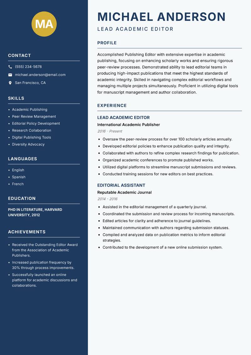 Publishing Editor resume template — Classic Clean