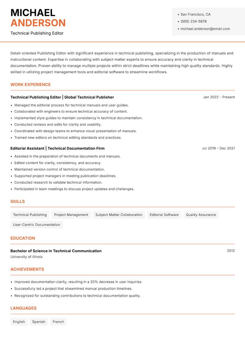 Publishing Editor resume template — Modern Professional