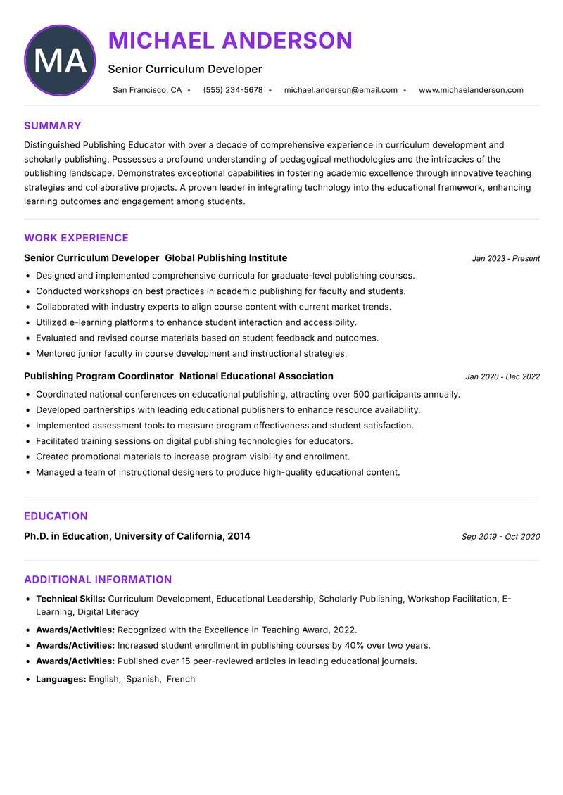 Publishing Educator resume example — ATS-friendly template