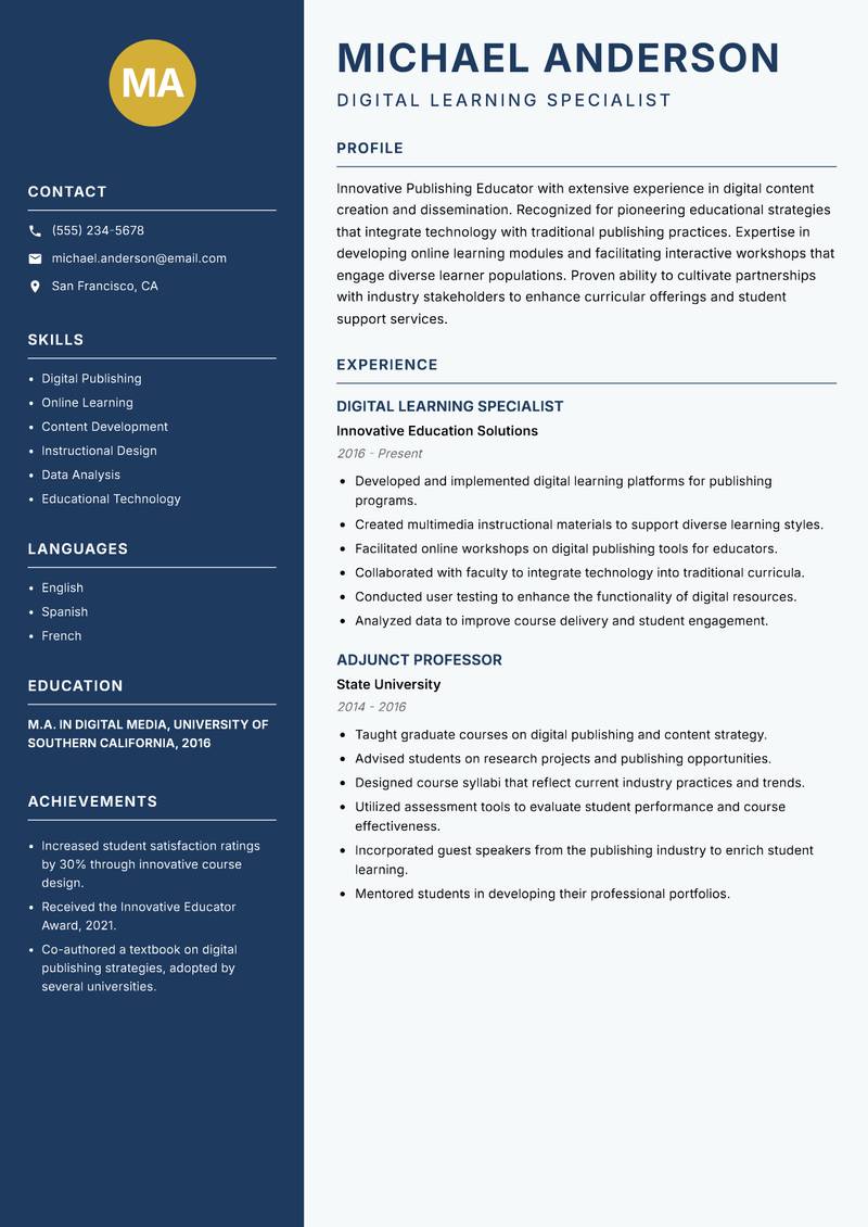 Publishing Educator resume template — Classic Clean