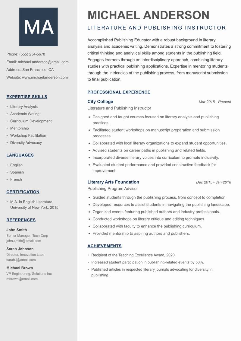 Publishing Educator resume template — Creative Minimal