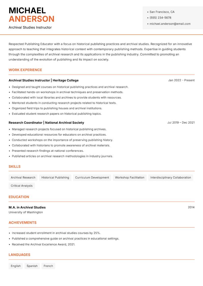 Publishing Educator resume template — Modern Professional